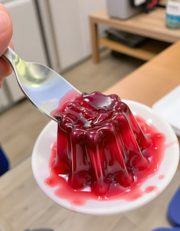 Strawberry jelly on a white plate with a fork in handの写真素材