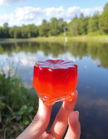 Red jelly in hand on the background of the river and blue skyの写真素材