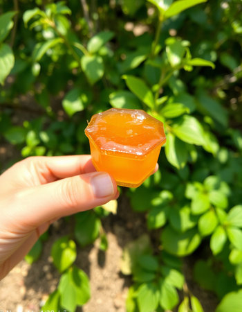 Orange jelly in hand on the background of green leaves in the gardenの写真素材