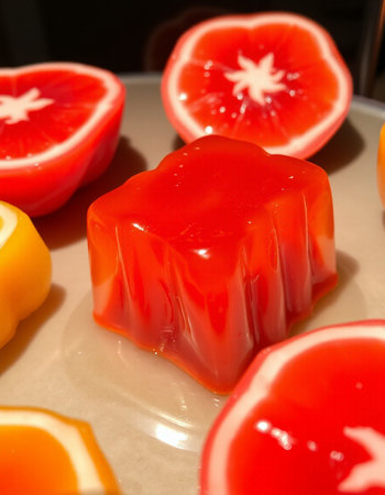Red and yellow jelly candies on a plate, closeup of photoの写真素材