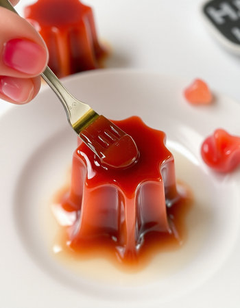 Panna cotta with strawberry sauce on a plate, closeupの写真素材