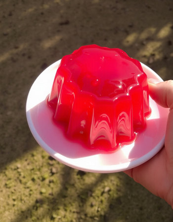 Jelly with red jelly in hand on the background of the parkの写真素材