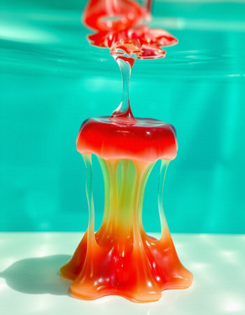 Red and yellow jelly candies falling into water on green background.
