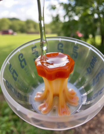 Feeding baby in a plastic cup with water. Selective focus.の写真素材