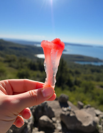 Ice cube in female hand on the background of the sea and mountains