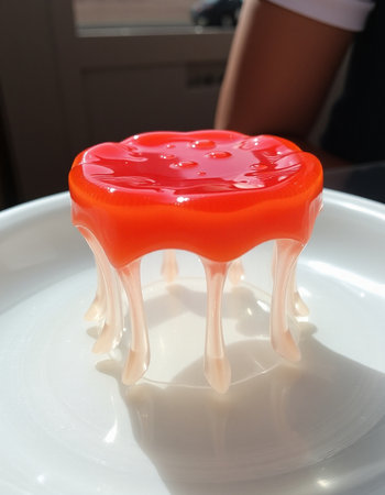 Red jelly in the form of a heart on a white plate.