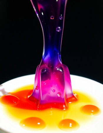 A closeup of a purple liquid dripping into a bowl with yellow and red liquid on a black backgroundの写真素材