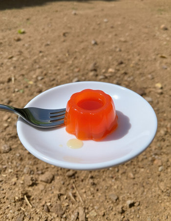 jelly in a white plate with a fork on the ground.の写真素材