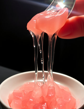 Close-up of a woman's hand holding a spoon with gummy jelly