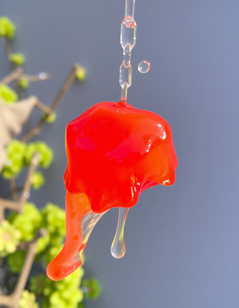 Honey dripping from a red candle on a blue background with green leaves