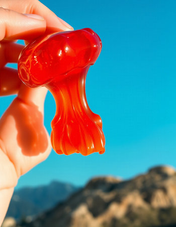 Jelly candies in hand on the background of the mountains.
