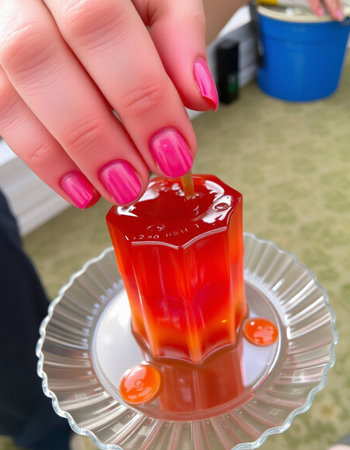 Female hands with pink manicure hold a red jelly on a plate