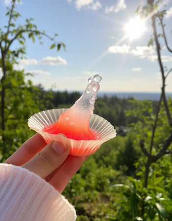 Female hand with condom on nature background. Safe sex concept. Safe loveの写真素材
