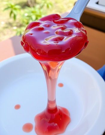 Strawberry jam in spoon on table in the garden, Thailand.の写真素材