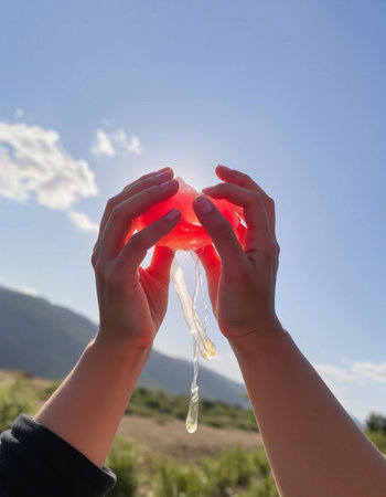 Close up of child's hands holding a red jelly candy on a background of blue sky