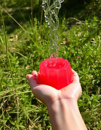Hand holding a red candle and pouring water from it in a garden