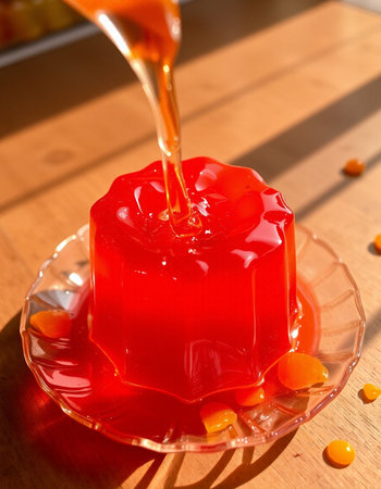 Pouring syrup into a red jelly on a wooden table, close up