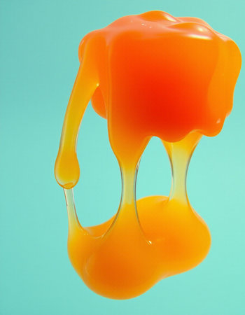Orange honey dripping from a spoon on a blue background, close-upの写真素材