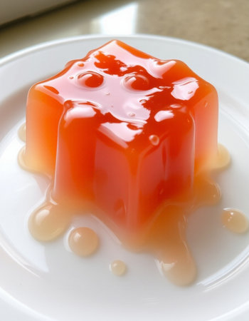 Jelly pudding on a white plate, close-up, selective focusの写真素材