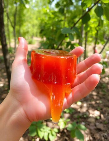 Fruit jelly in the hands of a child on a green background