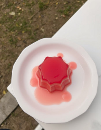 Red jelly in a white plate on a table in the garden.の写真素材
