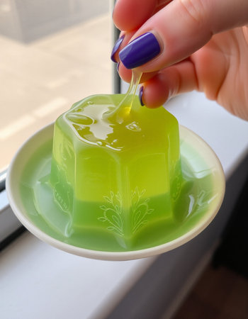 Woman's hand holding a green jelly in a cup on the windowの写真素材