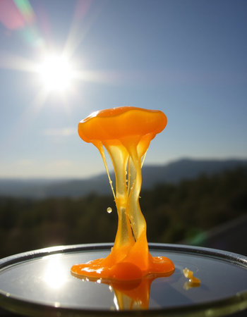 Mushroom juice flows from the bottle into the cup with sunの写真素材