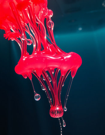 Red jellyfish with drops of water on a dark blue background.の写真素材