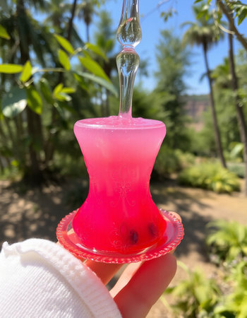 Fruit jelly in a glass on a background of palm trees.