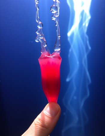 Closeup of human hand holding red jelly candy on blue background.の写真素材
