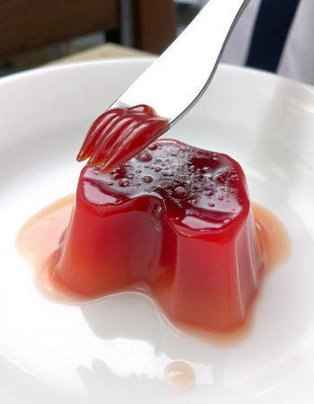 strawberry jelly on a white plate with a fork and spoonの写真素材
