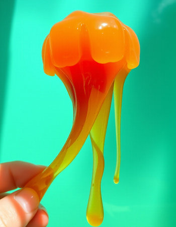 Honey dripping from a plastic spoon on a green background close upの写真素材
