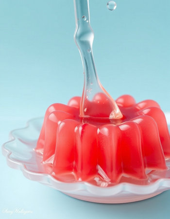 Strawberry jelly in a white plate on a blue background.
