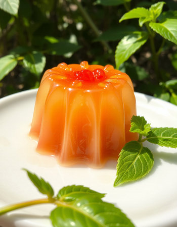 jelly pudding with mint on a white plate, close-up