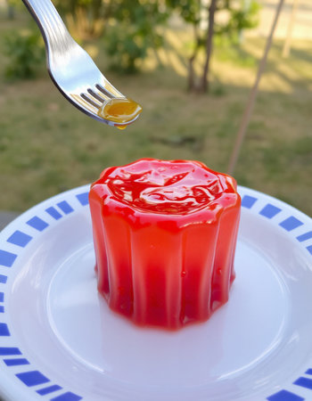 Red jelly on a white plate and a fork in the background.の写真素材