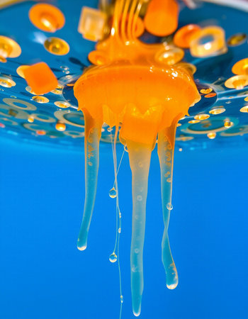 A closeup shot of a jellyfish floating on water with bubblesの写真素材