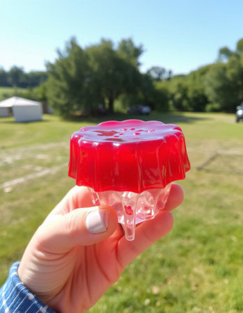 Female hand holding a red jelly on a stick in a park.の写真素材