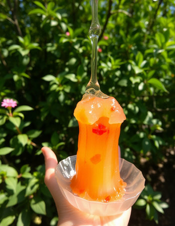 Thai fruit jelly in a plastic cup on a green background.の写真素材