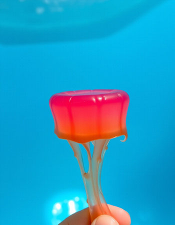 Colorful jelly candies in hand on blue background. Selective focus.の写真素材