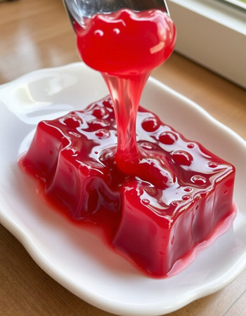 Red jelly on a white plate with a spoon, close-upの写真素材
