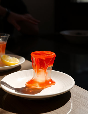 Orange jelly in a glass on a white plate on a wooden table