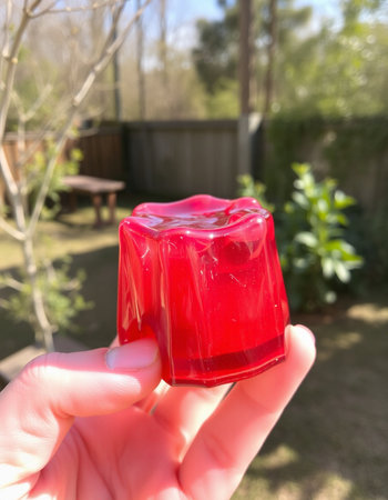 Hand holding a red jelly in a garden on a sunny day.の写真素材