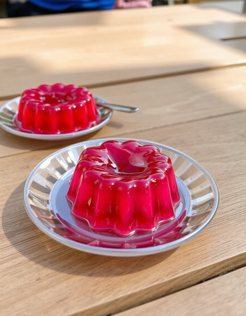 Jelly pudding on a plate on a wooden table in a cafeの写真素材