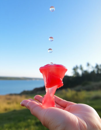 Soap bubbles in hand against the blue sky and the sea.の写真素材