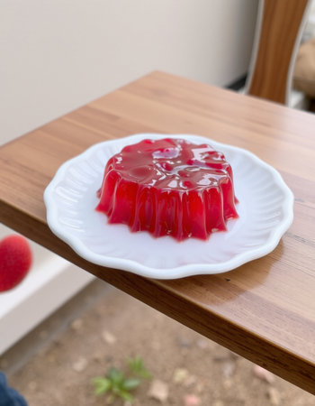 Red jelly on a white plate on a wooden table in a cafeの写真素材