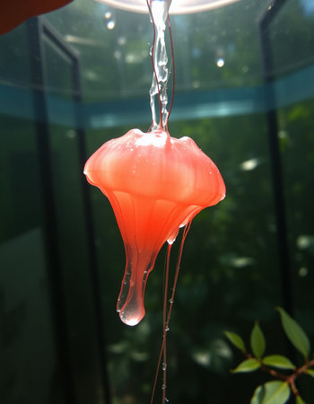 Jellyfish in a glass jar on the background of green plantsの写真素材