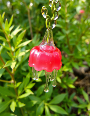 Water droplets on a red condom hanging on a green bush.