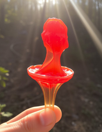 Red condom in hand on nature background. Safe sex concept. Safe love.の写真素材