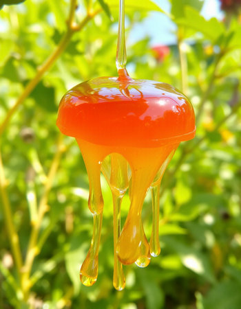Honey dripping from a spoon into a jar on a green backgroundの写真素材
