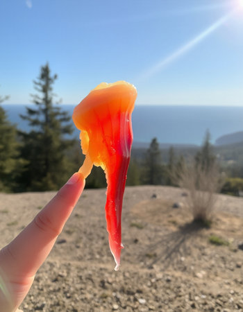 Hand holding a piece of orange jelly on the top of the mountain